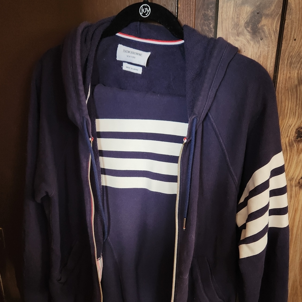 Thom Browne Hoodie and Sweat Pants Set Navy with University Stripes
